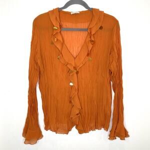 Kaelyn-Max II Ruffle Sequin Crinkle Top Plus 3X Orange Long Flare Sleeve Y2K